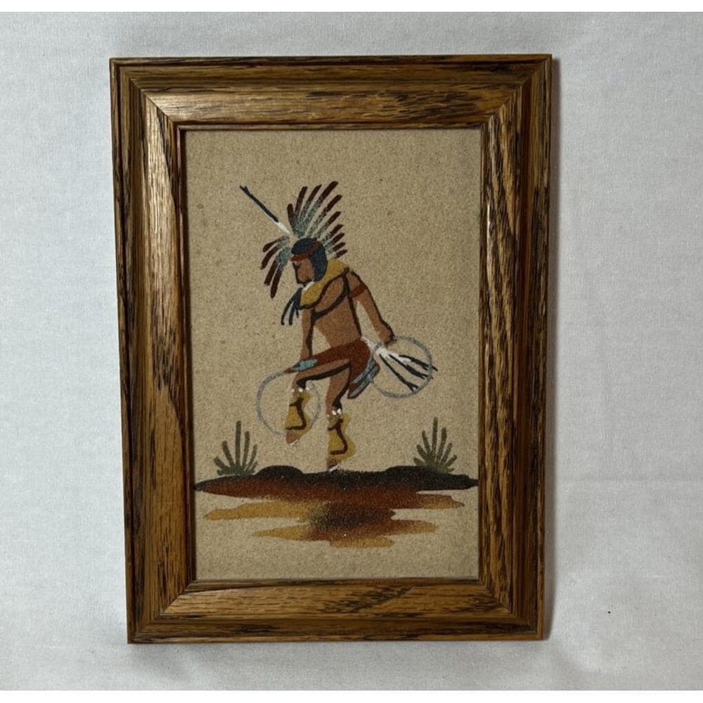 Hoop Dancer Native American Navajo Sand Art Wall Hanging Decor Framed Signed - Picture 1 of 6